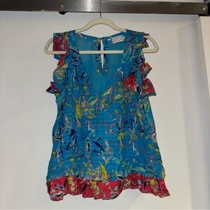 Tanya Taylor Blue and Red Floral Blouse